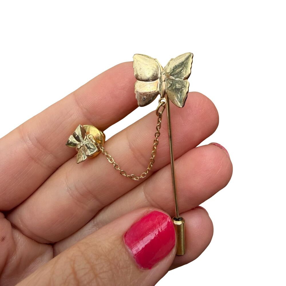 Vintage Jewelry Gold Tone Butterfly Stick Pin with chain double butterfly brooch